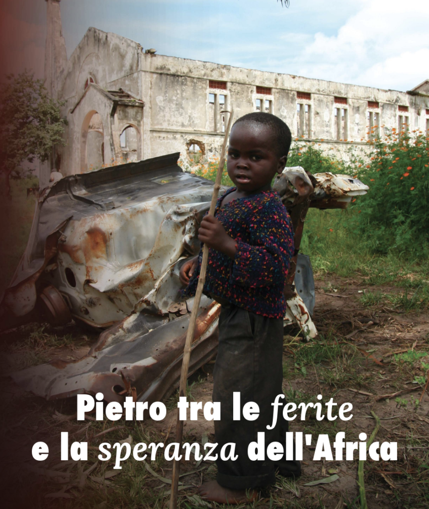 Bambino in Angola davanti a un edificio in rovina: la copertina dell'Eco dell'Amore 4 di ACS Italia